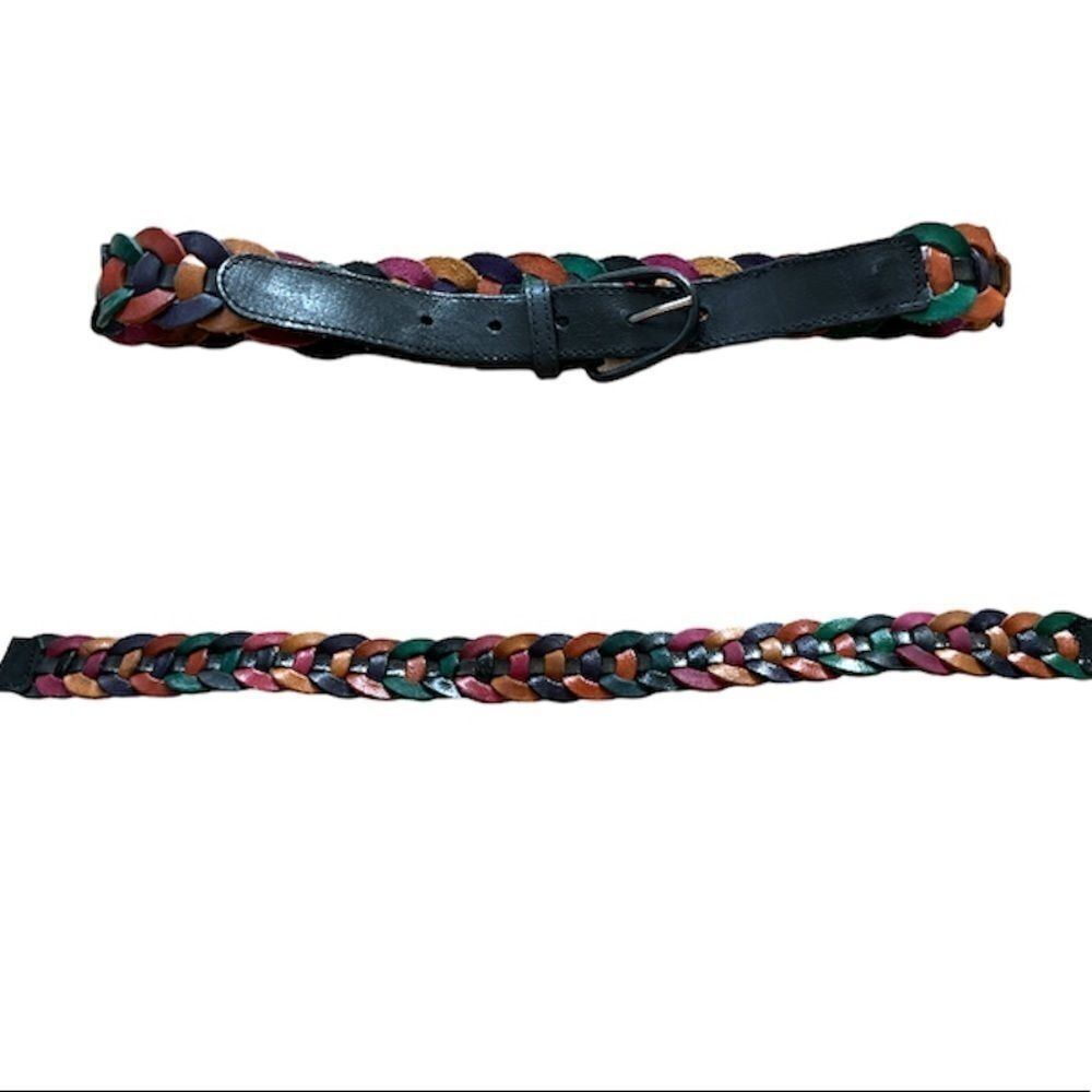 Vintage Black Leather Braided Colorful Belt